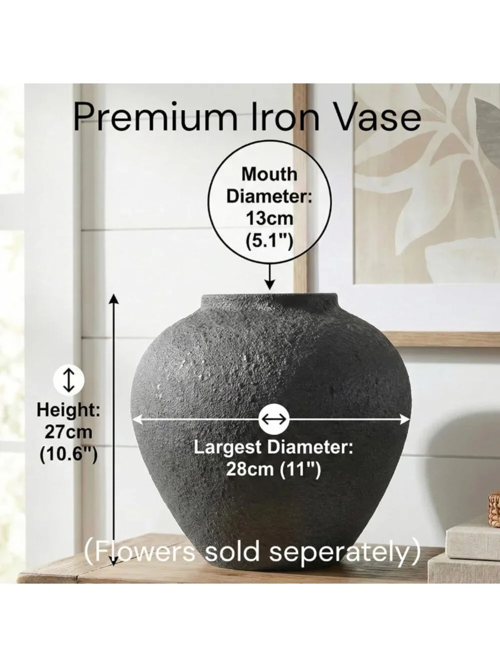 Large Rustic Black Round Vase for Home Decor, Stylish Pottery Accent Piece